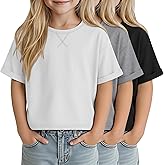 Oakgarden 3 Pack Girls Short Sleeve Tops Oversized Crew Neck Crop Shirts 5-14 Years Kids Casual Basic Tees Rolled Sleeve