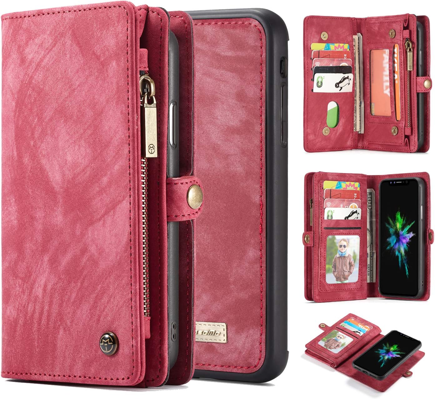 iPhone Xs Max Wallet Case,AKHVRS Handmade Premium Cowhide Leather Wallet Case,Zipper Wallet Case Detachable Magnetic Case & 11 Card Slots [Magnetic Closure] for 6.5 Inch iPhone Case Red