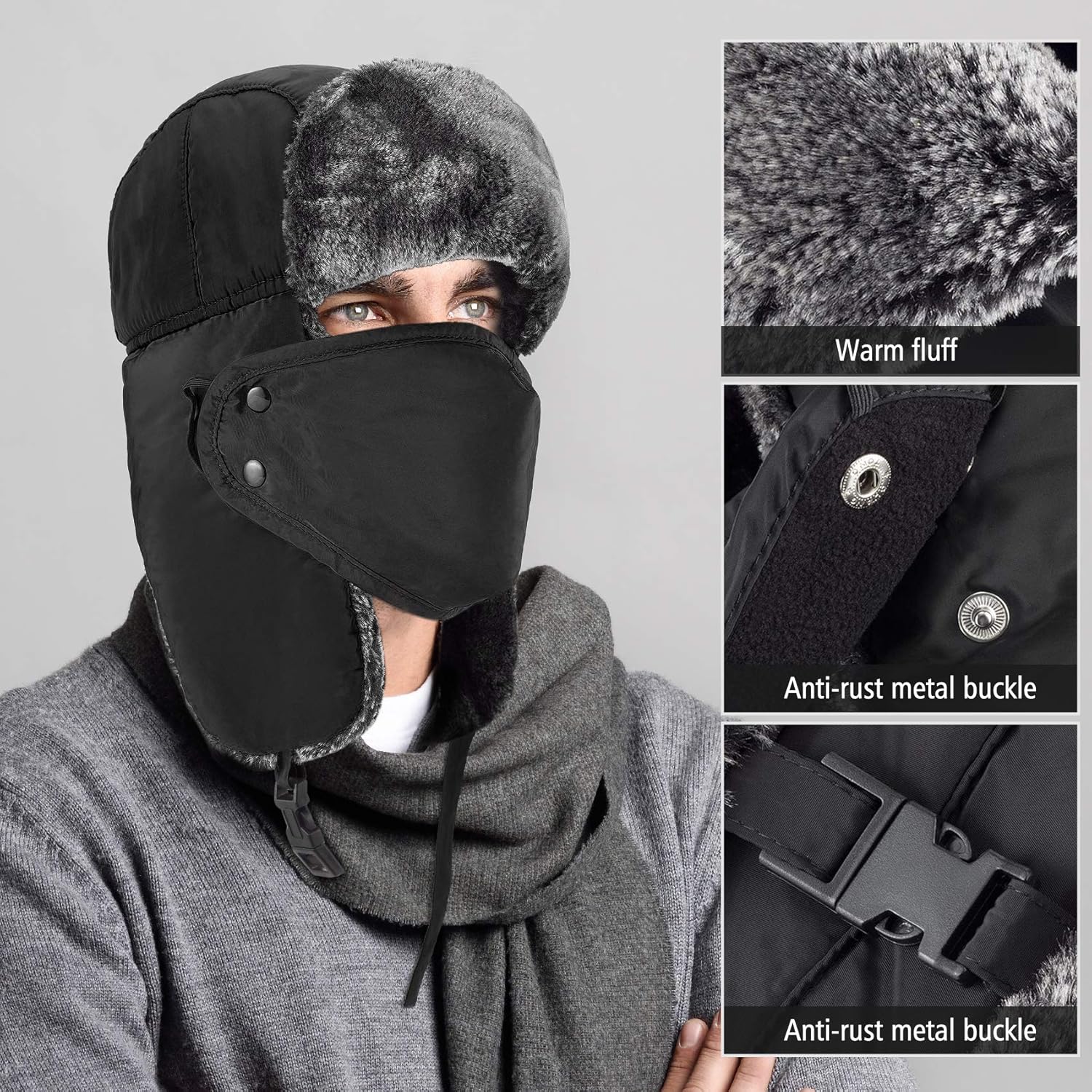 Mysuntown Unisex Winter Trooper Trapper Hat Hunting Hat Ushanka Ear Flap Chin Strap and Windproof Mask,Black,22-24 Inches ,One Size Fits All: Clothing