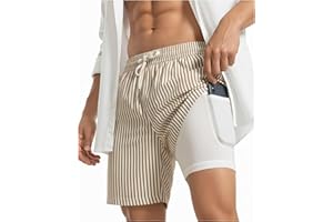 Yufawow 2 in 1 Seersucker Men Swim Trunk with Compression Liner 7 Inches Quick Dry Zipper Pockets for Cruise Beach Pool Board