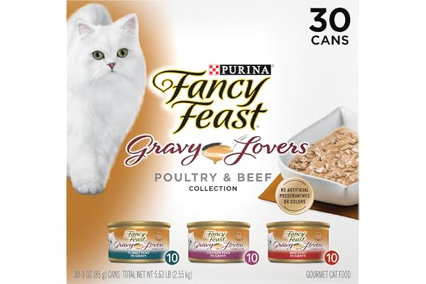 Purina Fancy Feast Gravy Lovers Wet Cat Food, 3 oz Cans, 30-Pack | Variety Pack with poultry and beef grilled gourmet recipes, made with no artificial colors or preservatives