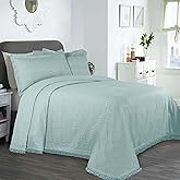 Superior Remi Cotton Blend 3 Piece Bedspread Set, Home Bed Decor, Oversized Bedspread, 2 Pillow Shams, Medium Weight Blanket, Geometric Fringe, Matelasse Coverlet, Bedding Essentials, Queen, Aqua