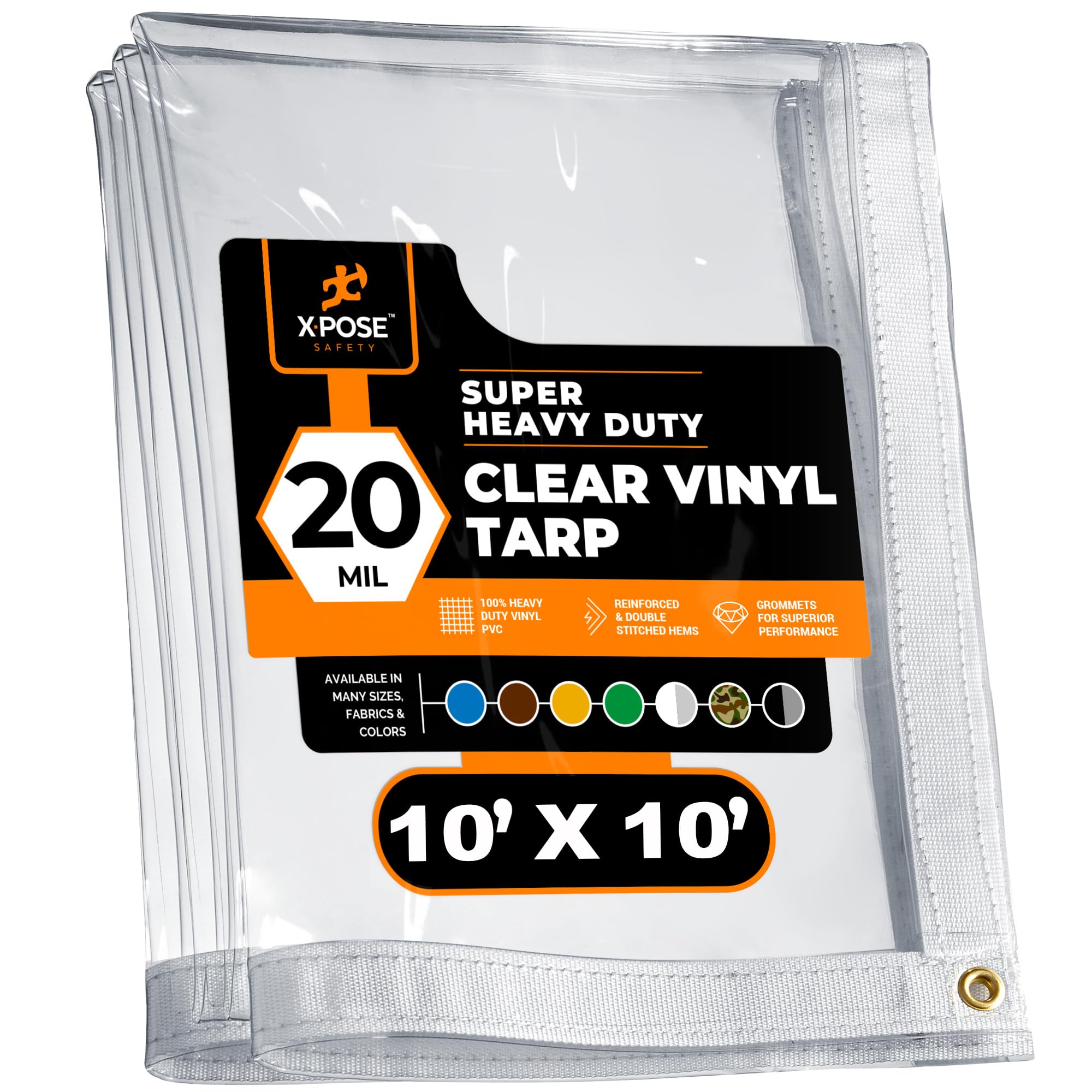 Photo 1 of 10' x 10' Clear Vinyl Tarp - Super Heavy Duty 20 Mil Transparent Waterproof PVC Tarpaulin with Brass Grommets - for Patio Enclosure, Camping, Outdoor Tent Cover, Porch Canopy - by Xpose Safety