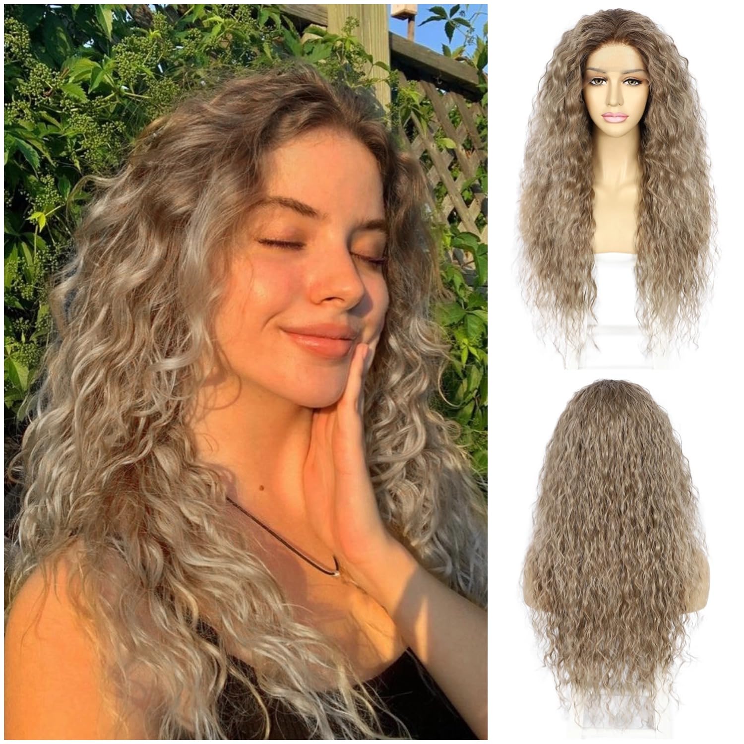 Sapphirewigs Curly Lace Front Wig Ombre Brown Synthetic Wigs for Women 13x3 Daily Wear Party Christmas Halloween Heat Resistant 26 inch