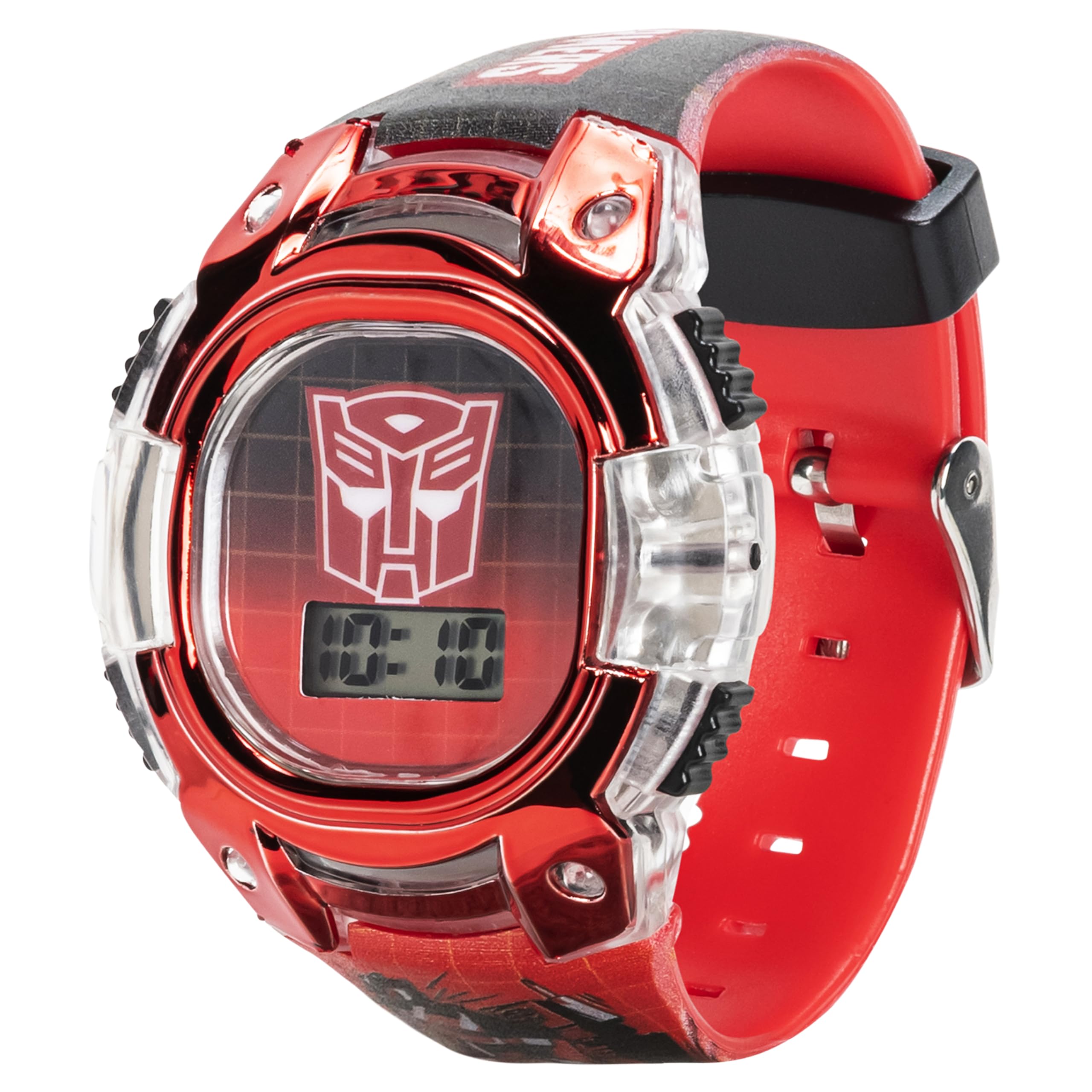 Accutime Transformers Kids Watch – LCD Display, Metallic Bezel, Adjustable Comfortable Strap, Collectible Tin – Perfect for Boys and Girls