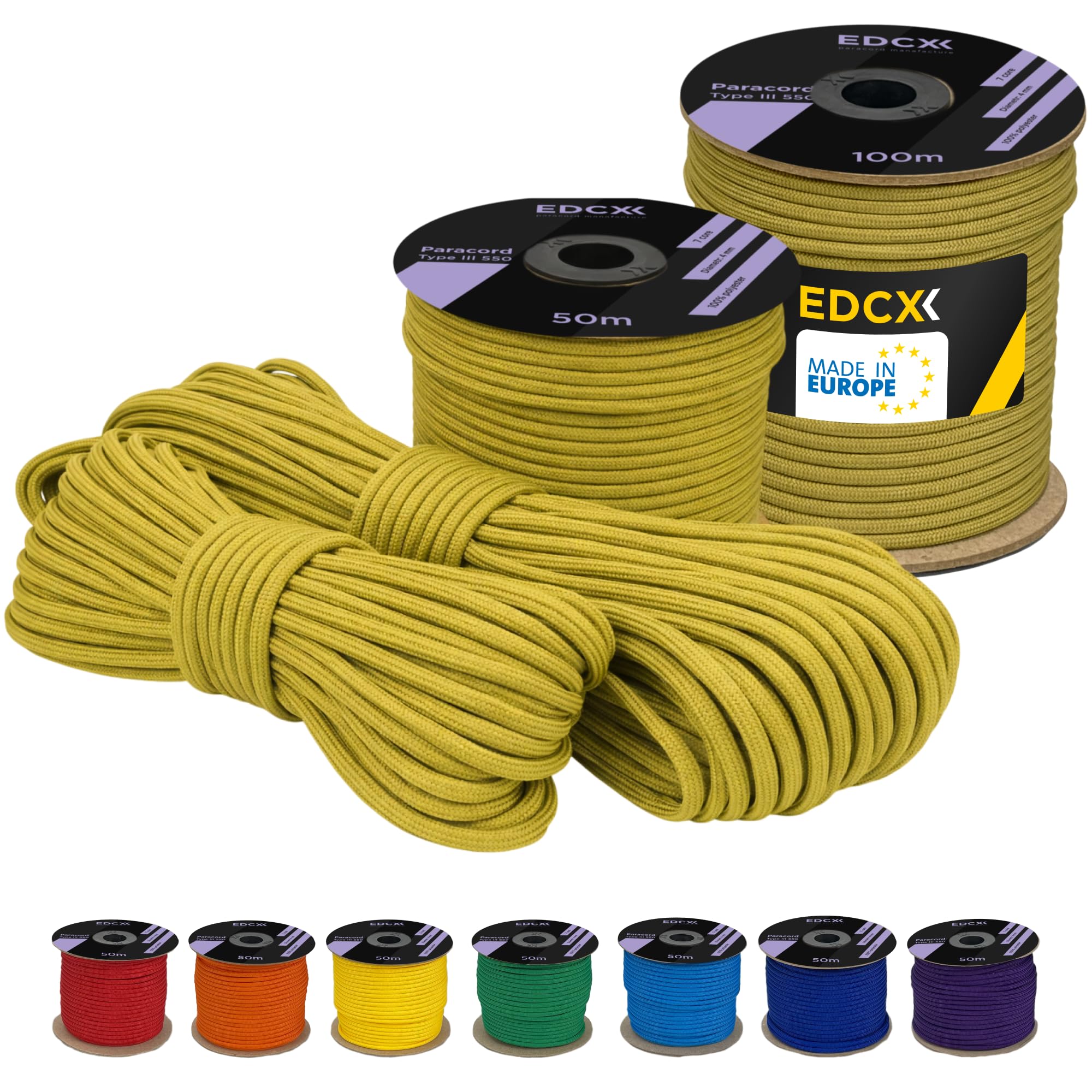 EDCX 4 mm Polyester Paracord 550 (15, 30 and 50 m) – 4 mm Type III, Tear-Resistant Parachute Cord for Survival Made of 100% Polyester with 7 Wires | Solid Colours (Mustard, 15 m)