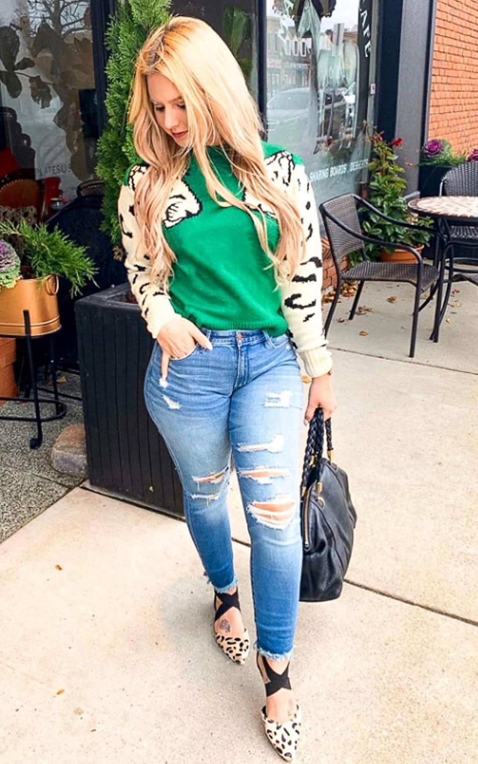 Angashion Women's Sweaters Casual Leopard Printed Patchwork Long Sleeves Knitted Pullover Cropped Sweater Tops: Clothing