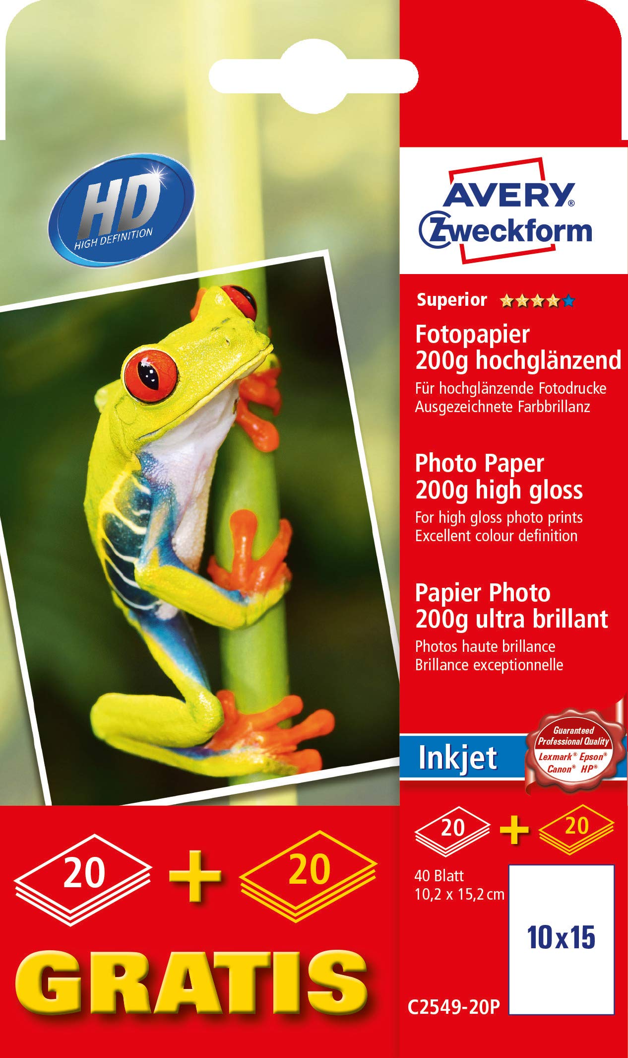 Avery Zweckform C2549-20P Superior Inkjet Photo Paper (40 Sheets, 200 g/m², Format 10 x 15 mm, One Side, High-Gloss, Excellent Colour Brilliance, Inkjet Printer, Instant Dry)