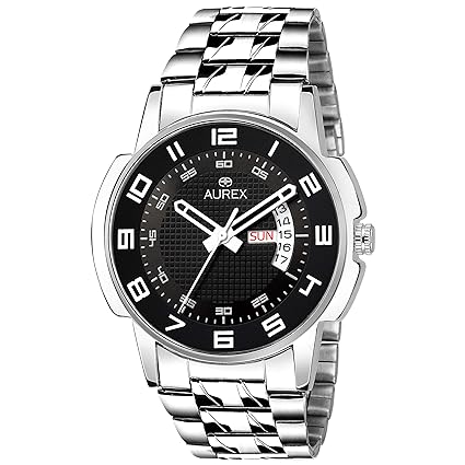 Aurex Analogue Black Dial Day and Date Display Water Resistant Stainless Steel Bracelet Watch for Men/Boys (AX-GR158-BKC)