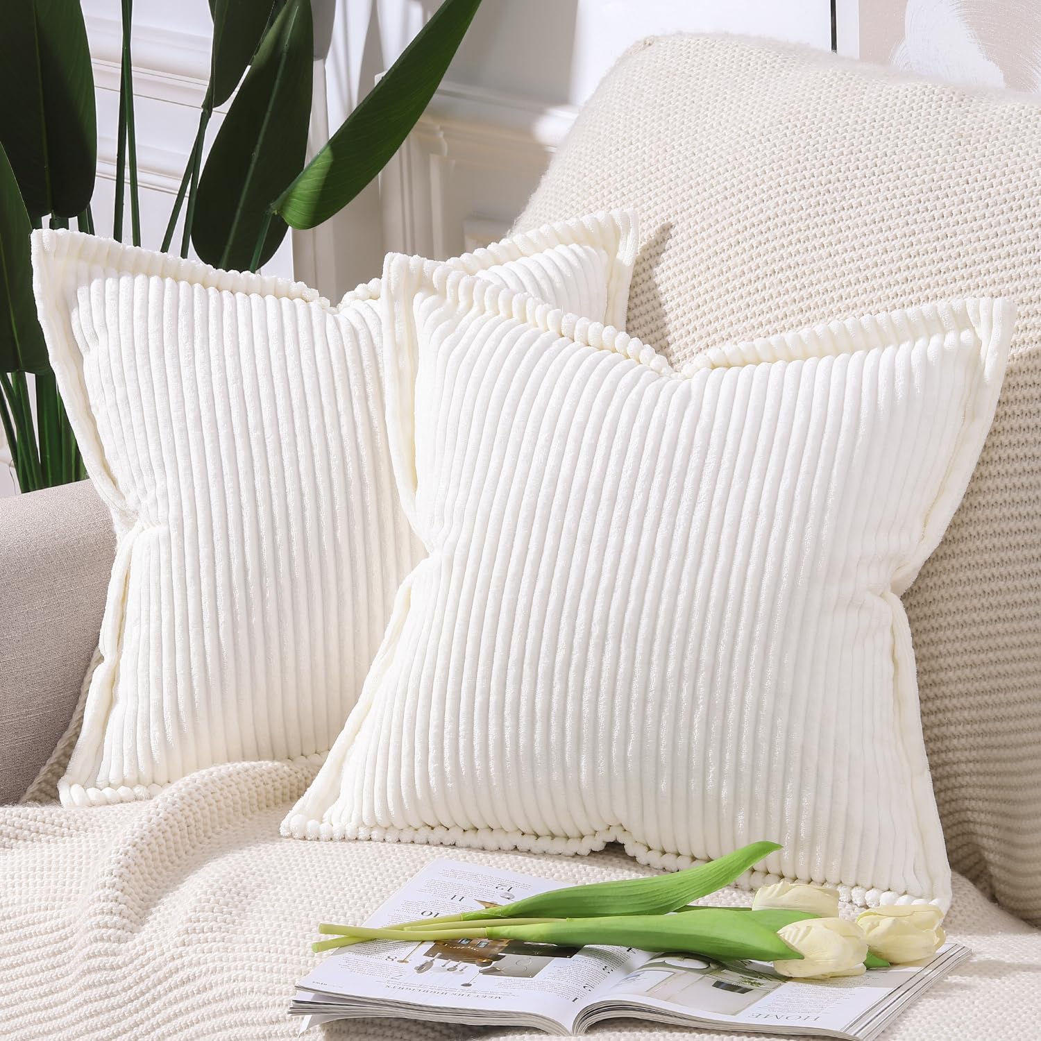 Madizz Cream White Corduroy Cushion Covers with Fringe Edge 18x18 inch, 45x45 cm, Set of 2 Soft Boho Striped Pillow Covers Broadside Decorative Textured Throw Pillows for Sofa Bedroom Pillow Shell