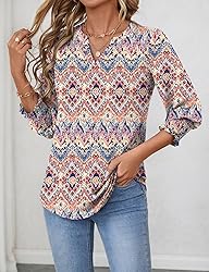 LOMON 3/4 Length Sleeve Floral Print Top with V