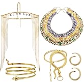 Hinly 5 Pcs Egyptian Headpiece for Women Egyptian Style Costume Women Jewelry Accessories Arm Cuff for Tassel Head Chain Gold Snake Armband Adjustable Finger Ring Bracelet Earring Collar Necklace