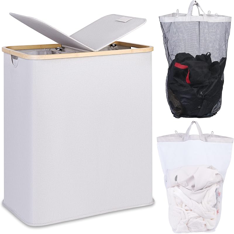 efluky 140L Laundry Baskets with Lid Dual Compartments Light Grey