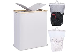 efluky Double Laundry Hamper with Lid, Divided Laundry Hamper with Removable Bags, 2 Section Dirty Clothes Basket with Handles for Bathroom, Bedroom & Laundry Room, 140L Light Grey