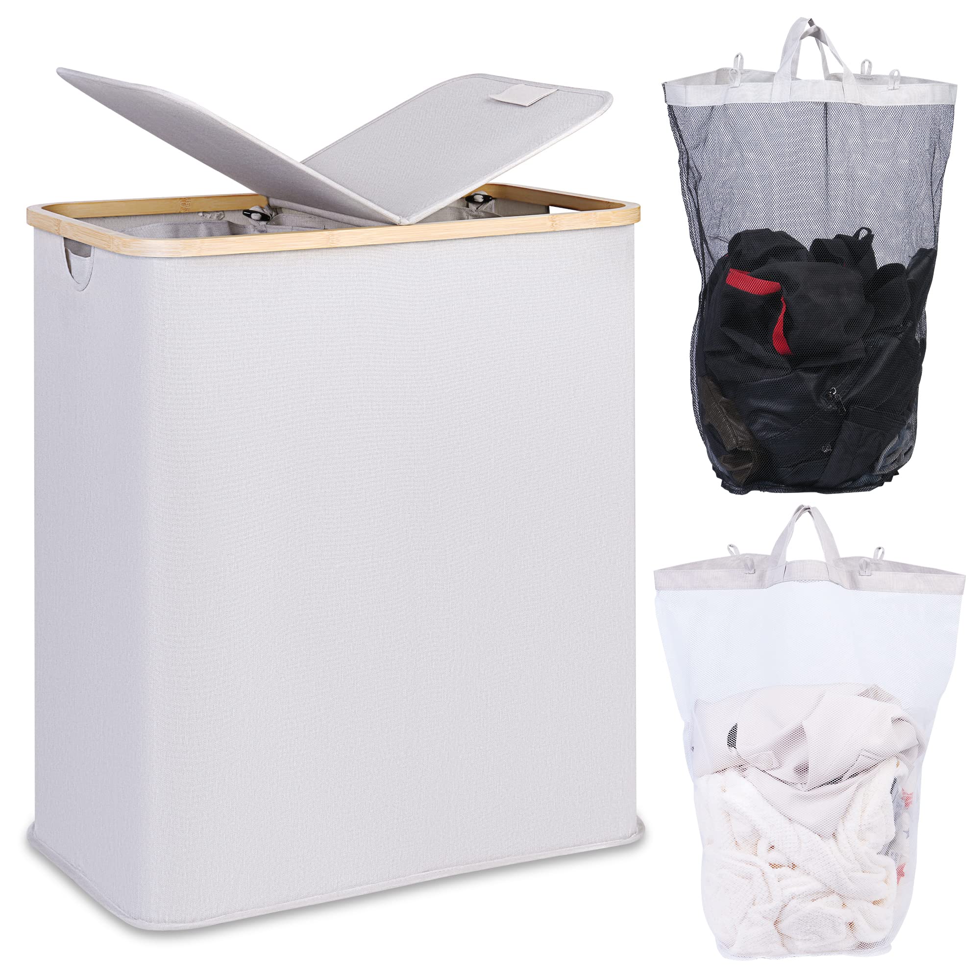 Photo 1 of efluky Laundry Hamper with Lid, Double Laundry Hamper with 2 Removable Bags, 2 Section Laundry Basket with Bamboo Handles for Bathroom, Bedroom & Laundry Room, 140L (36.9 Gallon) Light Grey