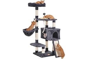 Heybly Cat Tree, Cat Tower for Indoor Cats with Scratching Board, Multi-Level Cat Furniture Condo with Feeding Bowl Smoky Gray HCT010G