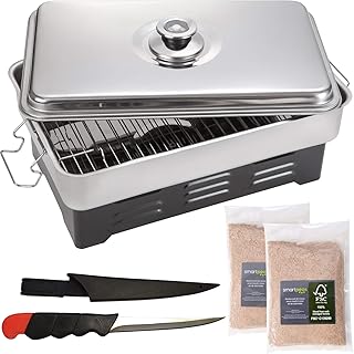 smartpeas Tisch Räucherofen Set Edelstahl mit Thermometer - Fisch räuchern - Mini Smoker/Camping Tischräucherofen klein +2X Räuchermehl & Filetiermesser