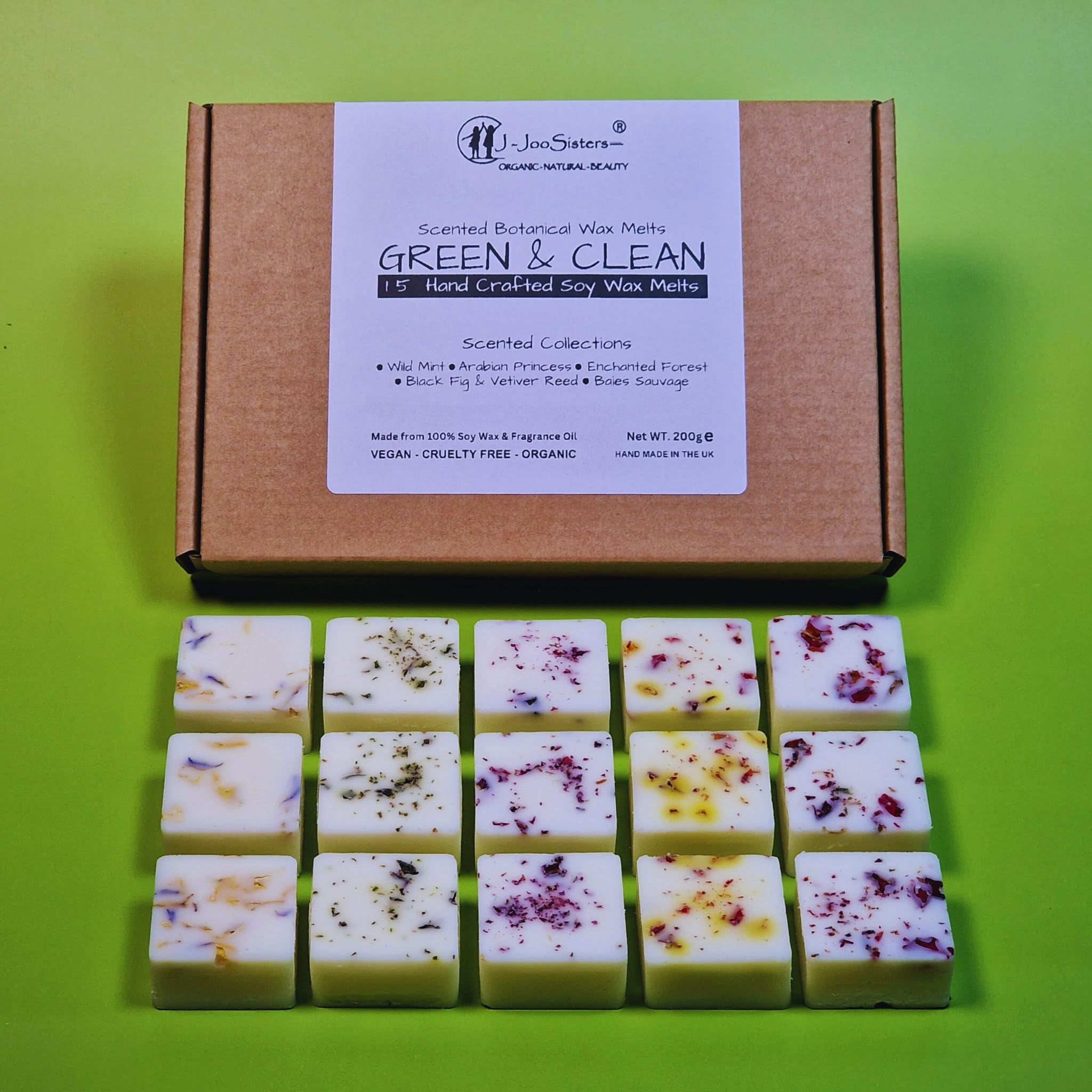 Green & Clean - Highly Scented Botanical Wax Melts Collections (15 x 13.5g Hand Crafted) - Vegan Friendly & Cruelty Free - Plastic Free - Provide 8 to 10hrs scents/cube - Made in the UK