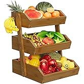 Hellojin 3 Tier Fruit Basket For Counter, Large Capacity Fruit Storage Countertop, Fruit Holder, Wooden Pantry Organizers and Storage, Kitchen Countertop Organizer With Two Banana Hangers (Walnut)