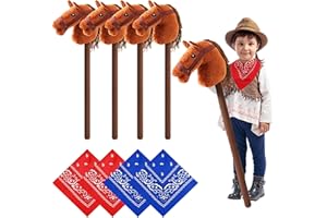 Poen 8 Pcs Light Brown Horse Stick with Sound Red and Blue Bandana Set 27.6'' Toys Stick Horse Western Cowboy Bandana Horse Head Stick with Neighing Sound for Boys Girls Fun Pretend Games