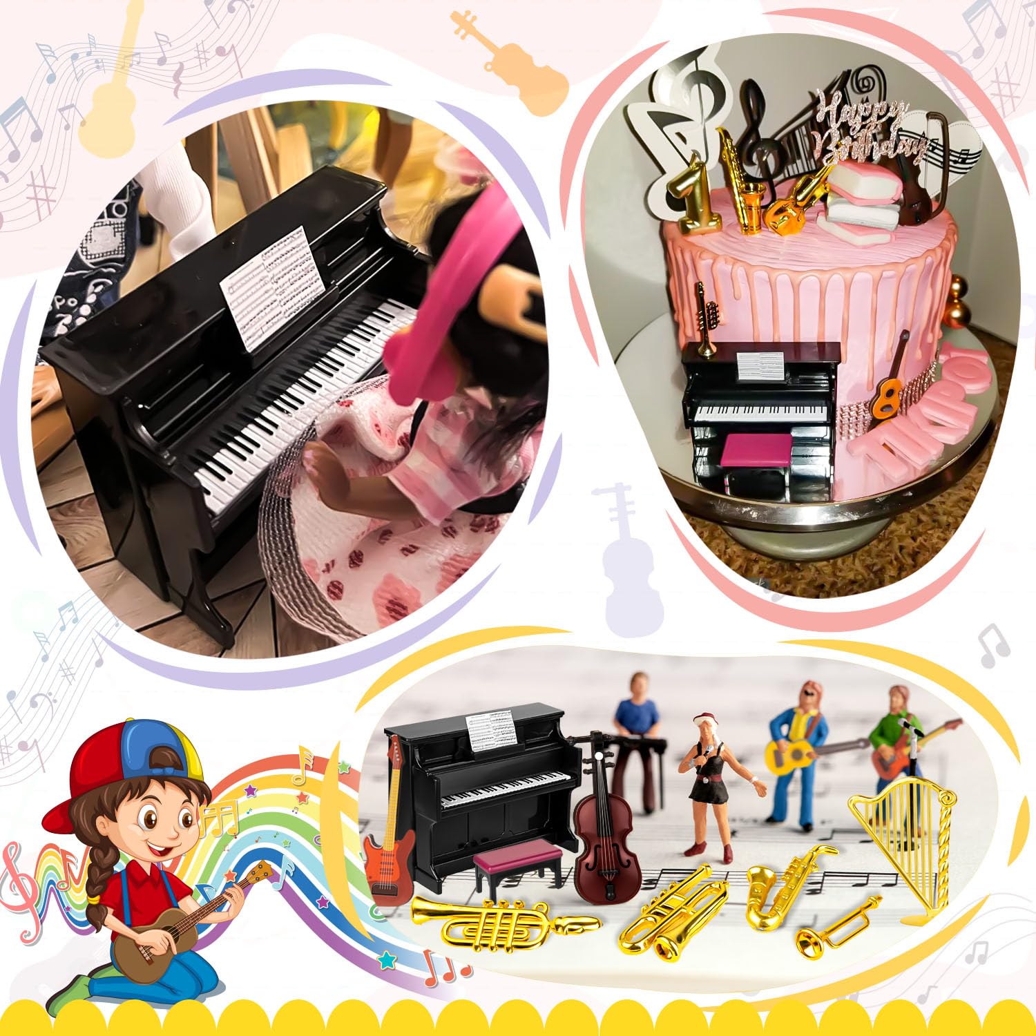 Dollhouse Musical Instruments, Miniature Violin Guitar Piano Drum Trumpet Mini Figurine Ornament for Mini House Musical Room Furnishin