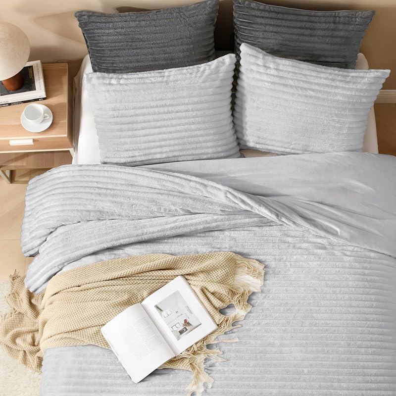 Set di biancheria da letto per letto queen size, soffice e super morbido, grigio chiaro, per letto queen size, in caldo pile invernale, set di biancheria da letto in pelliccia sintetica, 3 — foto 4 di 7