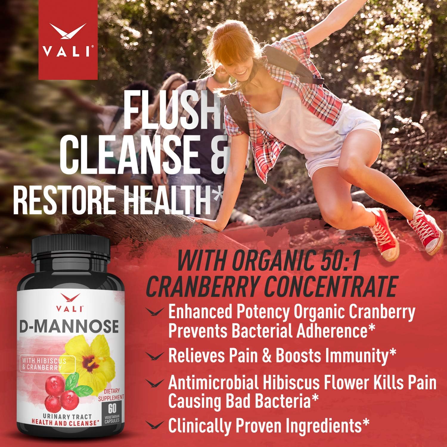 D Mannose 1000 mg Urinary Tract Health Formula - Triple Strength Organic Cranberry 50:1 Concentrate & Hibiscus. Healthy Bladder Function, Natural Yeast Cleanse & UTI Support Pills, 60 Veggie Capsules: Health & Personal Care