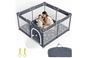 Grobeybees Playpen for Babies and Toddlers, Large Baby Playpen, Baby Playard, Indoor & Outdoor Play Pen, Sturdy Safety Baby Play Yard with Soft Breathable Mesh (Grey)