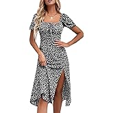 SPRIME Women's Floral Summer Casual Dress Square Neck Puff Sleeve Boho Midi Dresses Ruched Bust High Waist Split Long Dress