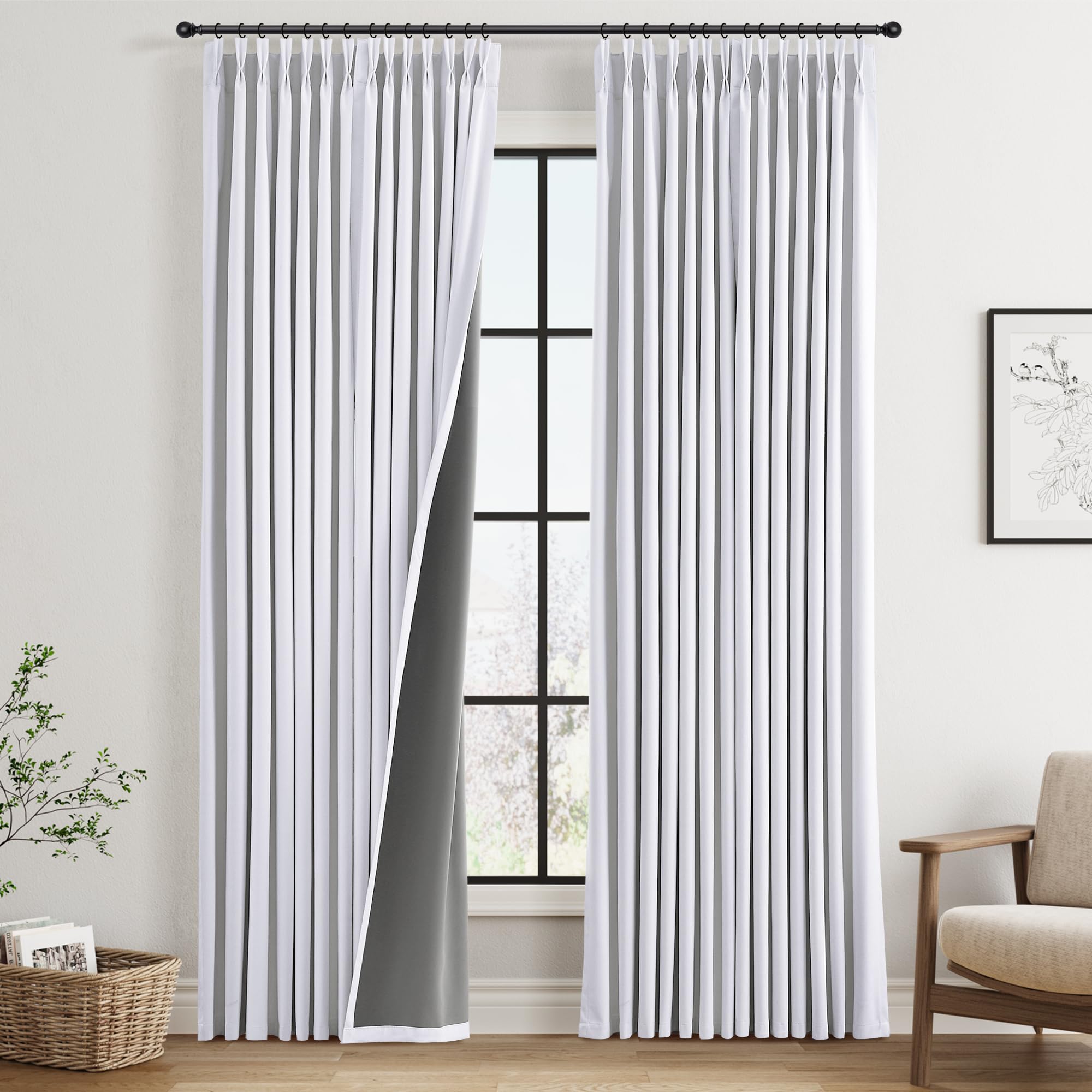 Photo 1 of 100% Blackout Pinch Pleat Curtains 96 Inches Long for Bedroom Living Room Darkening Thermal Insulated Pinch Pleated Pure White Curtains with Rings Hooks Clips Soundproof Pleat Linen Drapes 40x96