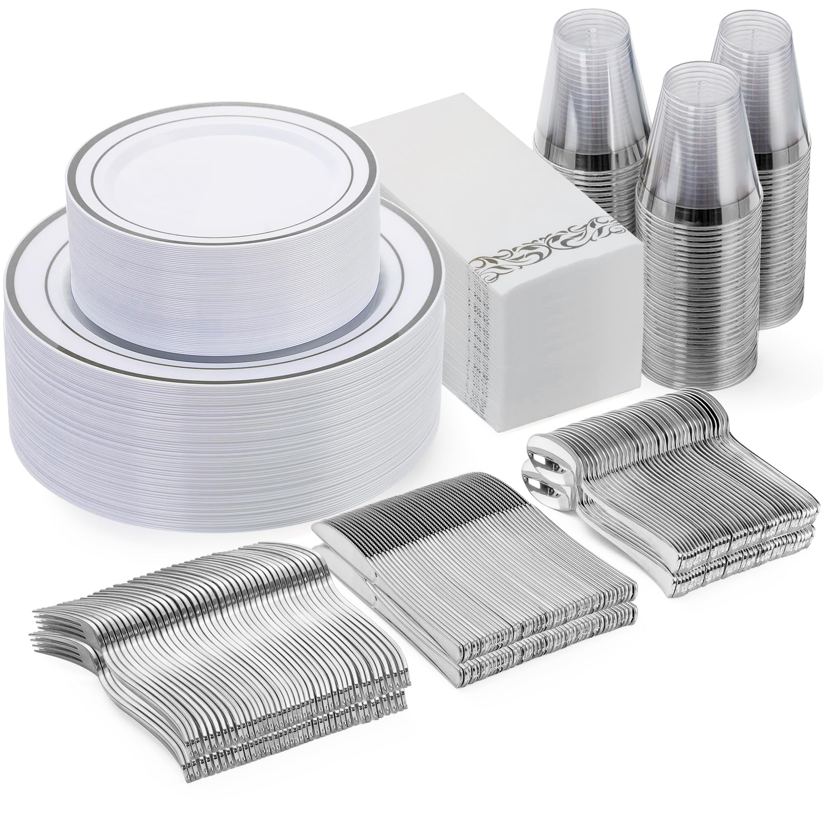 Photo 1 of Goodluck 350 Piece Silver Dinnerware Set for 50 Guests, disposable Plastic Plates for Party, Include: 50 Dinner Plates, 50 Dessert Plates, 50 Paper Napkins, 50 Cups, 50 Silverware set