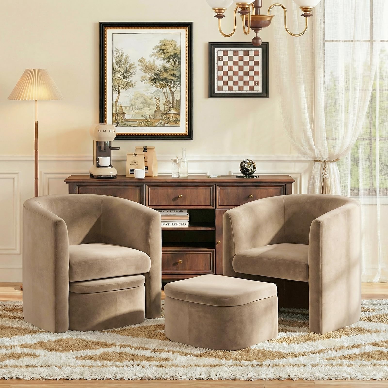 Photo 1 of COLAMY Morden Velvet Barrel Accent Chair with Storage Ottoman Set of 2, Upholstered Living Room Side Chair, Single Sofa Armchair with Lounge Seat for Bedroom/Office/Reading Spaces, Khaki