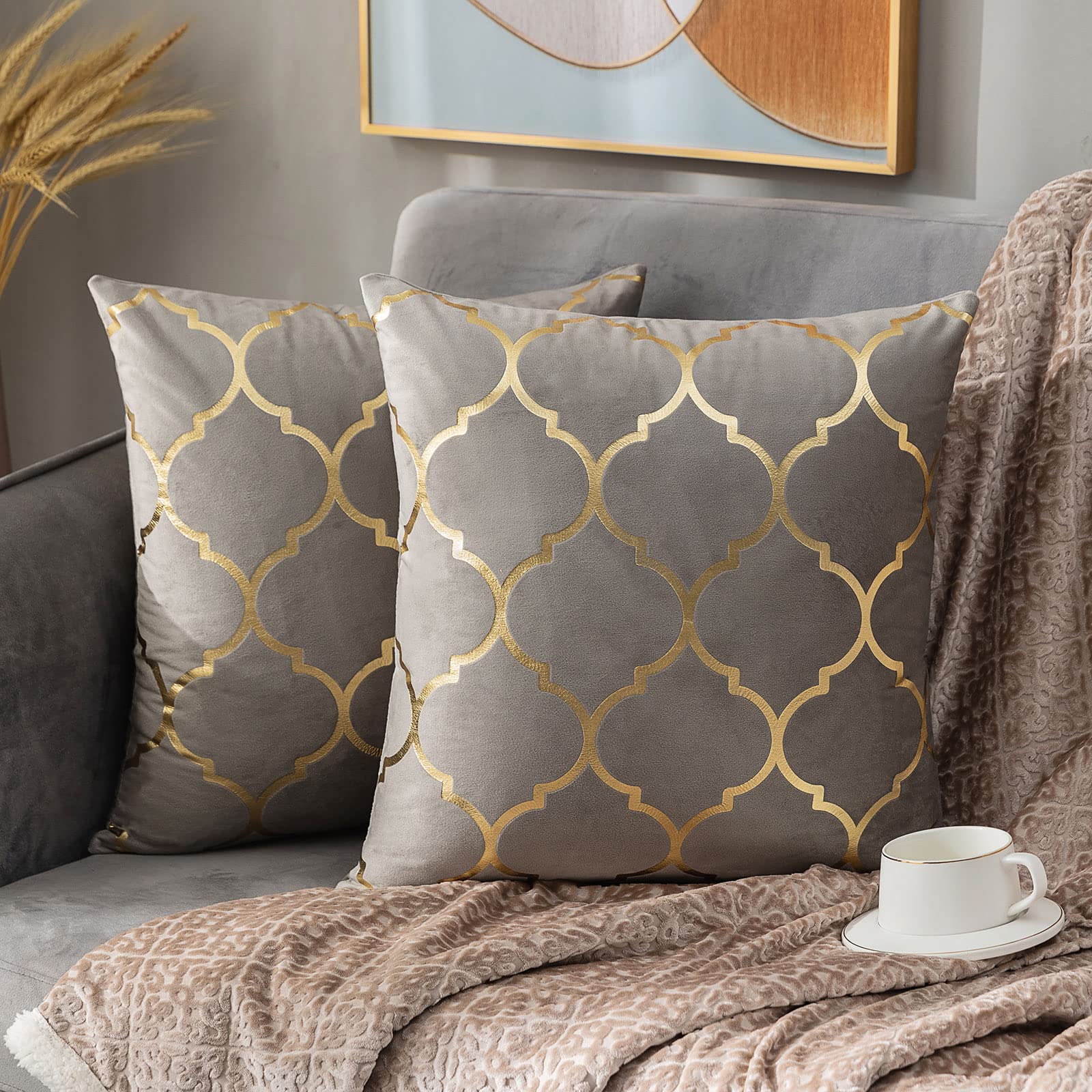 Grey Cushion Cover Decorative Flower Lantern Shape Square Pillow Cases Set of 2 Vintage Geometric Design Throw Cushion Cases Sofa Cushions Accent Pillowcase with Invisible Zipper,40x40cm