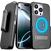 Designed for Apple iPhone 16 Pro Case with Belt Clip Holster - Compatible with MagSafe Magnetic Heavy Duty Phone Cover with Kickstand - Black