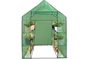 BBBuy Outdoor Portable Walk-in Greenhouse 2 Tiers 8 Shelves Garden Greenhouse w/ Durable PE Cover, Screen Windows, Roll Up Zipper Door Steel Frame for Growing and Storage Plants w/ Ground Pegs & Ropes