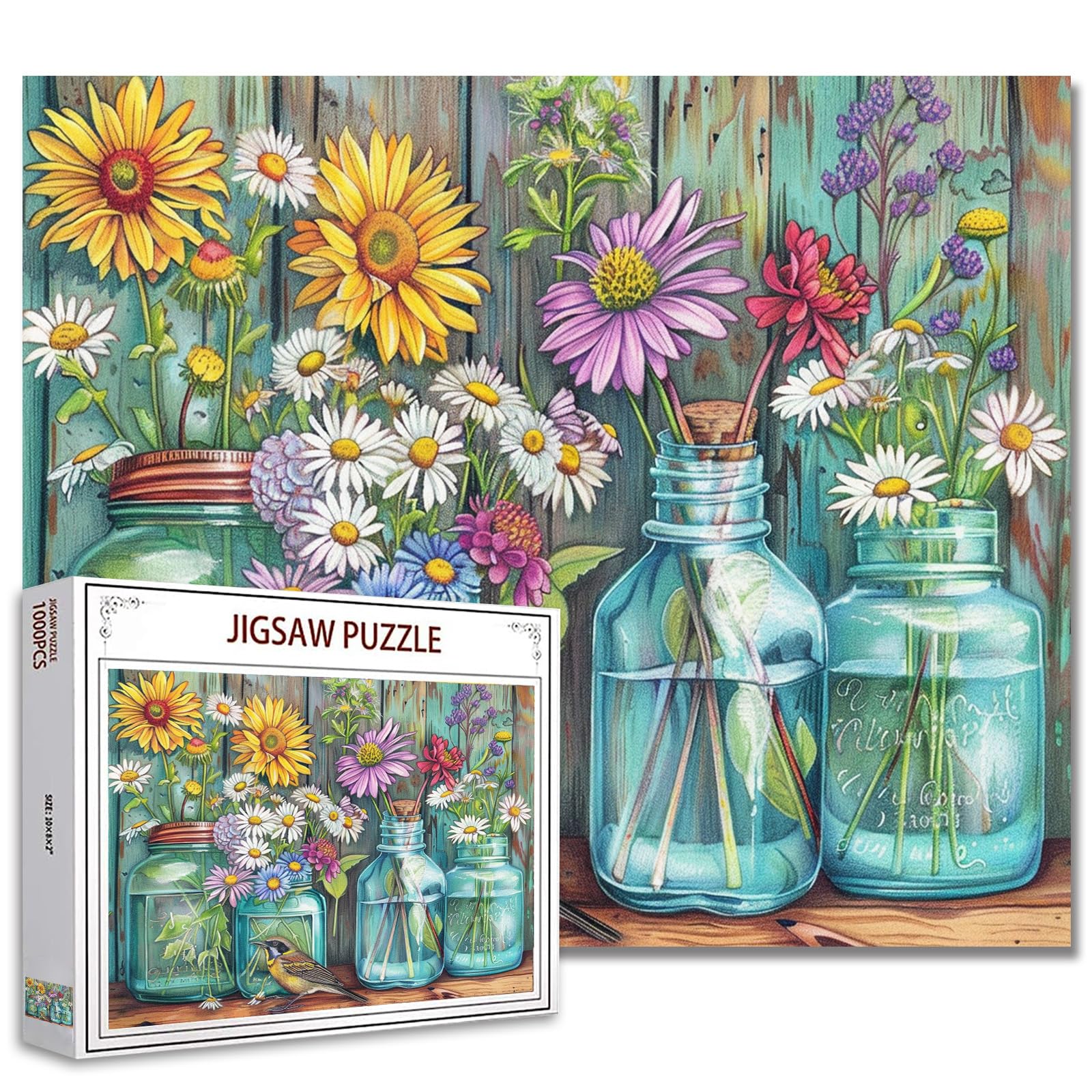 Tucocoo 1000 Piece Puzzle for Adults Wildflowers and Daisies Puzzle Bird Rustic Mason Jars 1000 Pieces Puzzles for Sophisticated Family Activity Game Flower Art Wall Decoration DIY — image 1