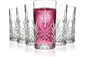 Vitrignis Tall Crystal Highball Glasses Set of 6-14 Ounce Elegant Tom Collins Glasses - Textured Designer Glassware Set for W