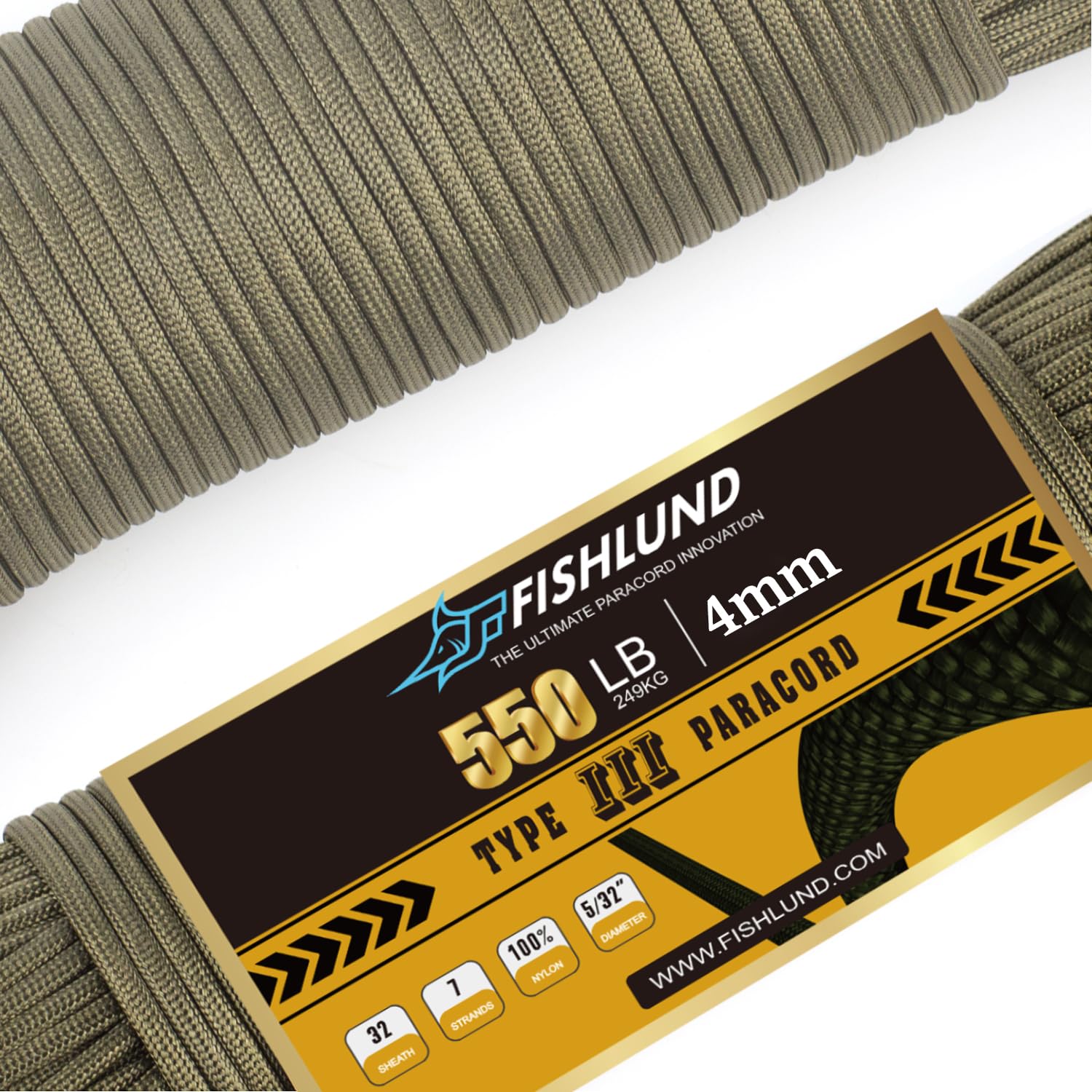 FISHLUND Paracord 550 lb, 7 Strand Paracord Rope 50ft 4mm, Nylon Parachute Cord for Camping, Army Green