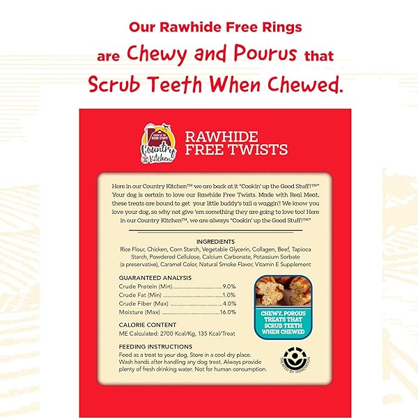 COUNTRY KITCHEN RAWHIDE FREE BEEF TWISTS DOG CHEWS, MADE WITH REAL BEEF, HIGHLY DIGESTIBLE, GLUTEN FREE, 9 COUNT