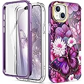 Turquiase Cute Flower Case for iPhone 13/14 6.1 inch Built with Screen Protector, Lightweight and Stylish Full Body Shockproof Protective Rugged TPU Case for Women/Girls-Butterfly