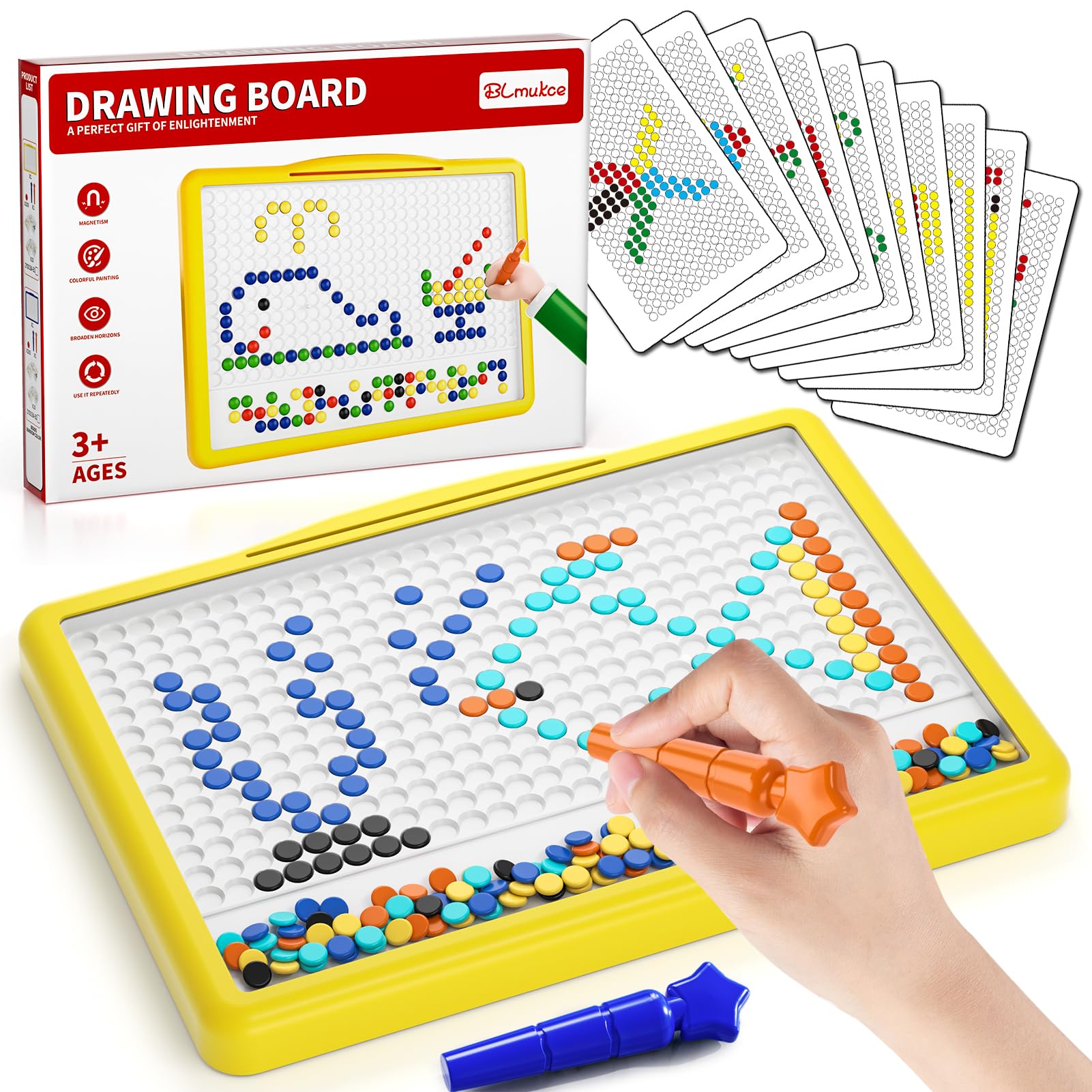 BLmukce Large Magnetic Drawing Board for Kids, Toddler Doodle Board with 200 Beads, 2 Pens & 20 Pattern Booklets, Montessori Dot Art Travel Toy, Educational Preschool Toys for 2 3 4 5 6 Years (Yellow)