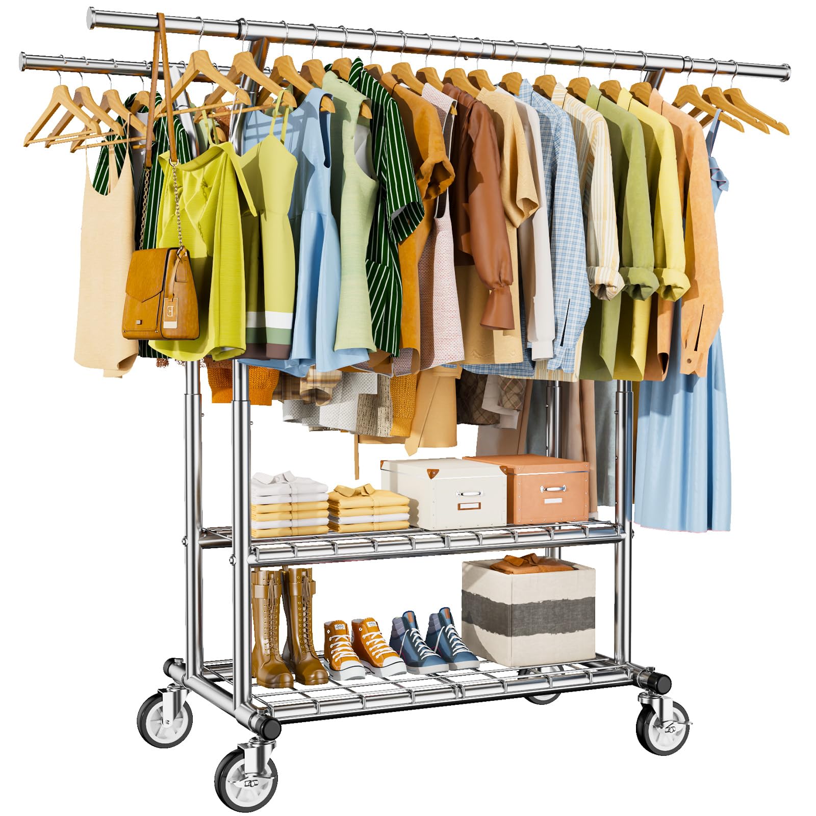 Heavy Duty Clothes Rack, Rolling Clothing Rack With Shelves Load 620 LBS, Double Rod Clothing Racks for Hanging Clothes , Portable& Adjustable Rack with Wheels Garment Rack (Large, Light Silver) Image Heavy Duty Clothes Rack, Rolling Clothing Rack With Shelves Load 620 LBS, Double Rod Clothing Racks for Hanging Clothes , Portable& Adjustable Rack with Wheels Garment Rack (Large, Light Silver) Image
