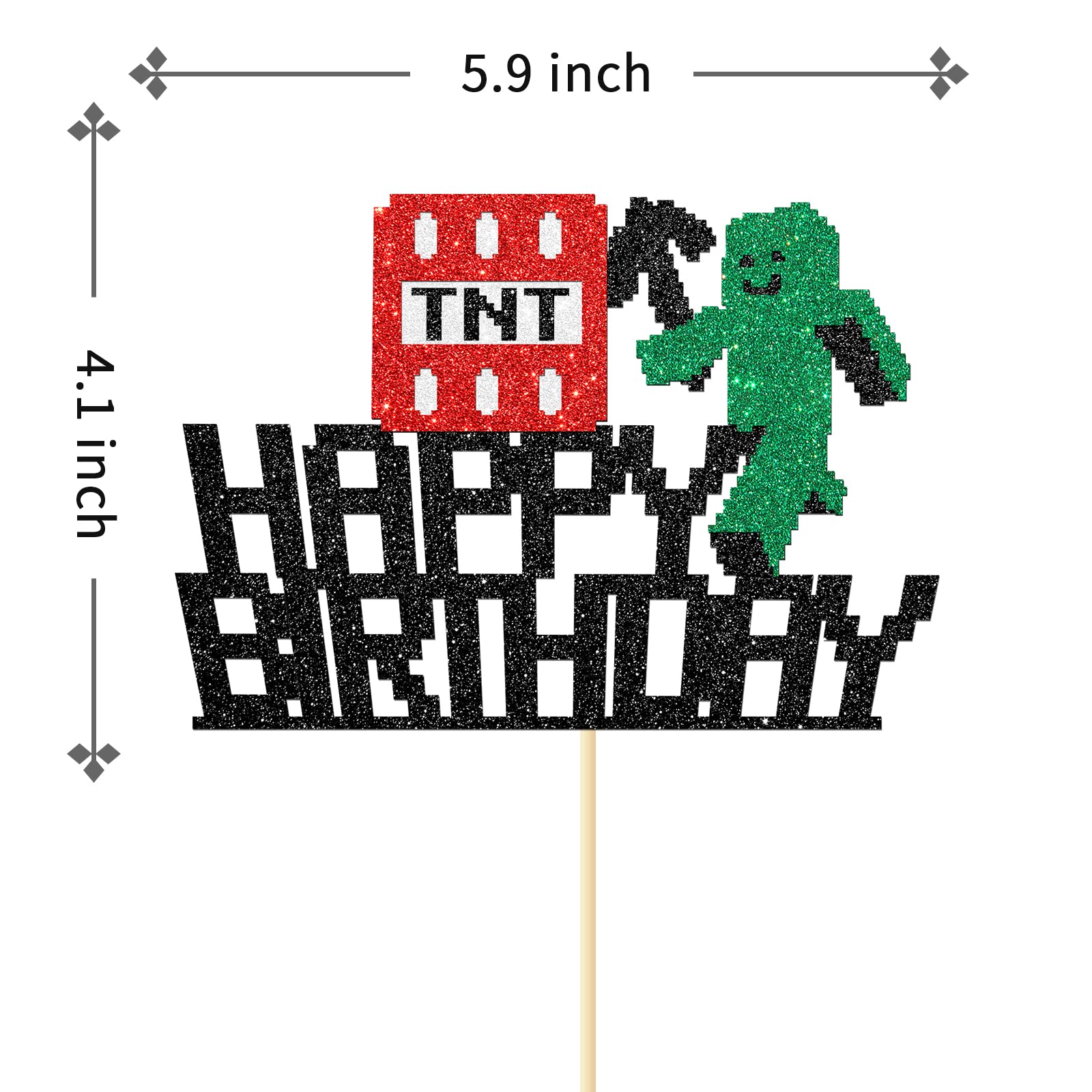 Happy Birthday Cake Topper, Pixel Style Cake Picks Decorations, Block Video Game Themed Cake Topper for Kids Boy and Girl, Black