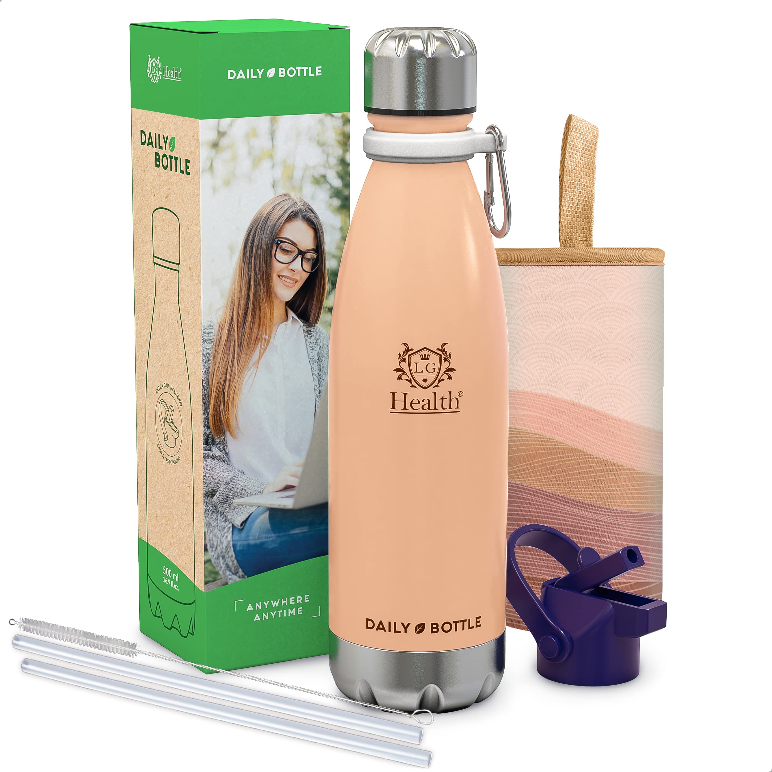 LG Luxury & Grace Insulated Stainless Steel Water Bottle 500ml Insulated Bottle for Hot and Cold Beverages Double Wall Water Bottle BPA Free Neoprene Case + Carabiner