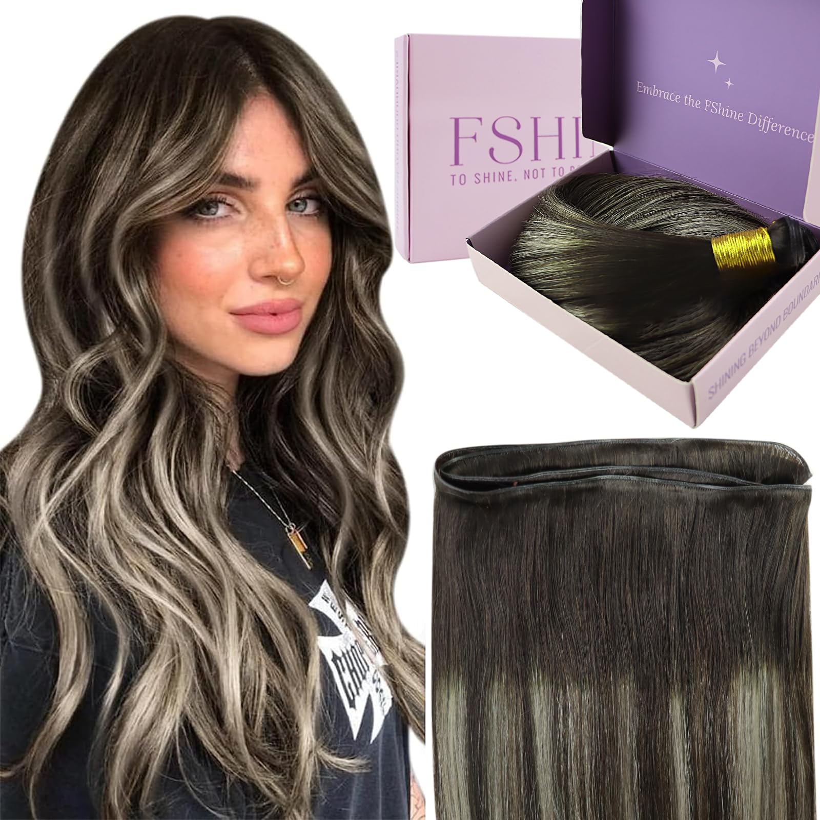 Fshine Weft Hair Extensions Real Human Hair Balayage Dark Brown Mixed Platinum Blonde Sew In Weave Bundles Human Hair 50 Grams Weft Hair Extensions For Women 14 Inch — image 1