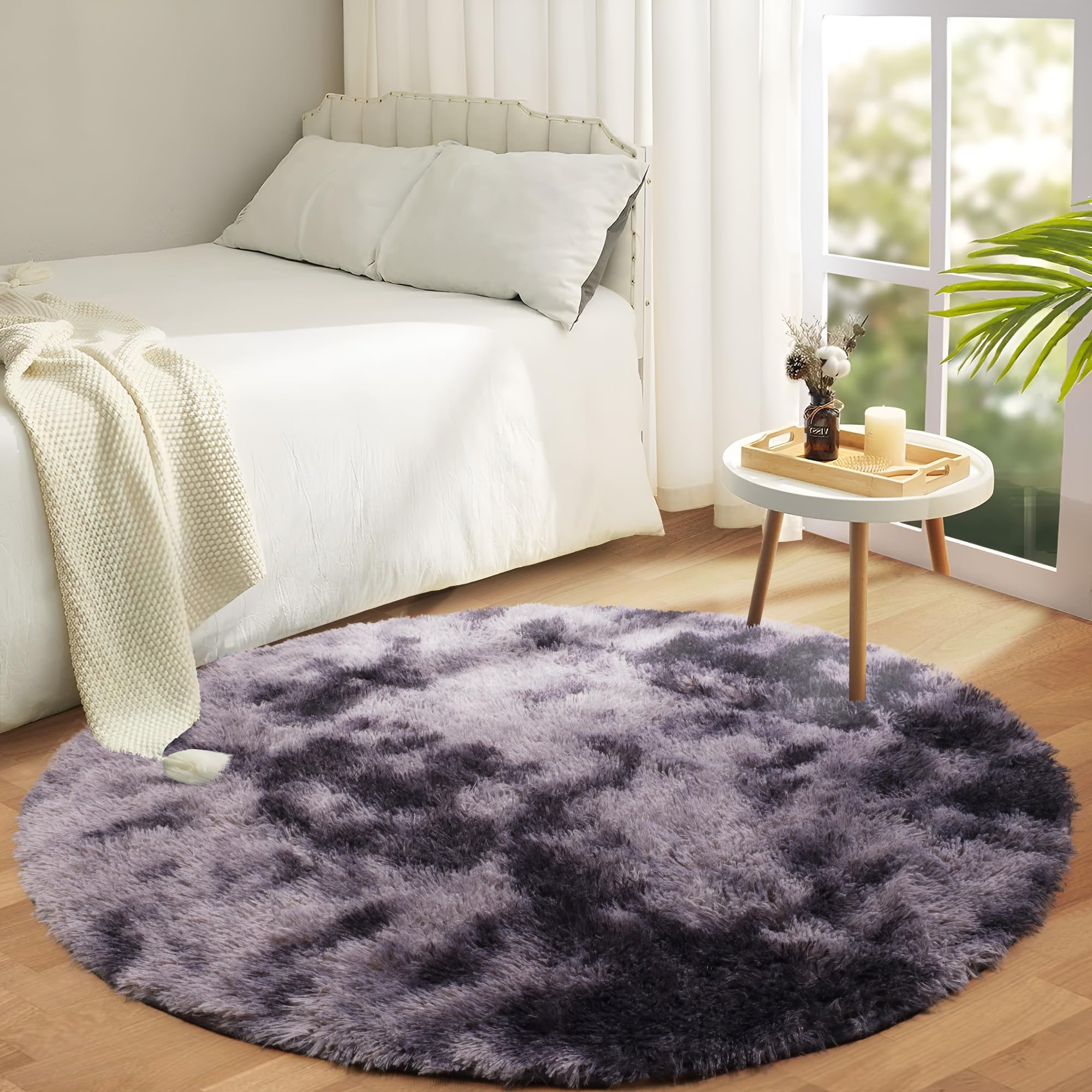 Aspire Homeware Round Rugs Living Room - Dark Grey Area Rugs for Bedroom Anti Slip - Modern Super Soft Thick Pile Small Fluffy Shaggy Rug Non Shedding (Tye-Dye Grey, 120x120 cm)