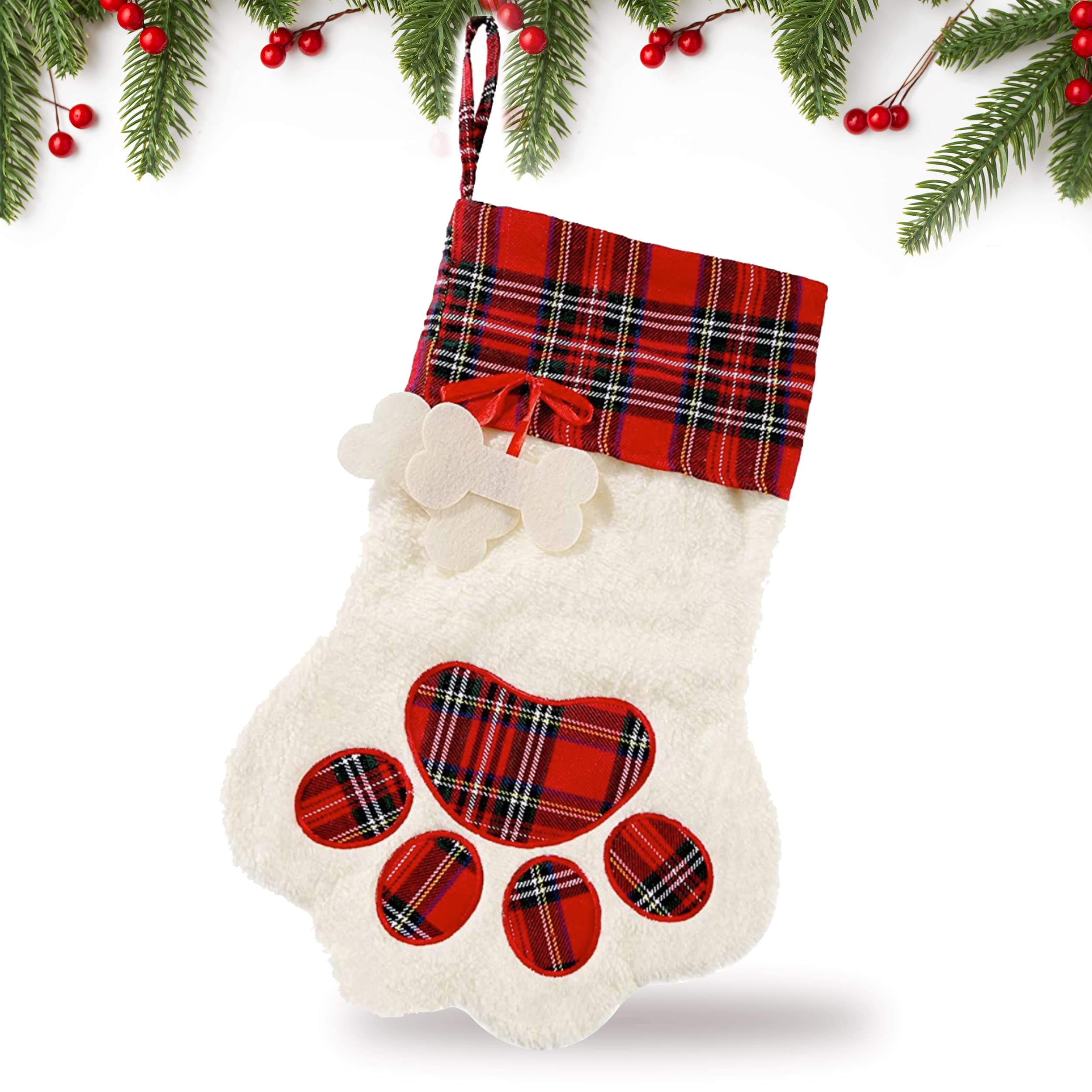 unel Pet Dog Christmas Stocking, Dog Paw Hanging Christmas Dog Stockings for Xmas Decorations, Puppy Festive Stocking, 18x11 inch