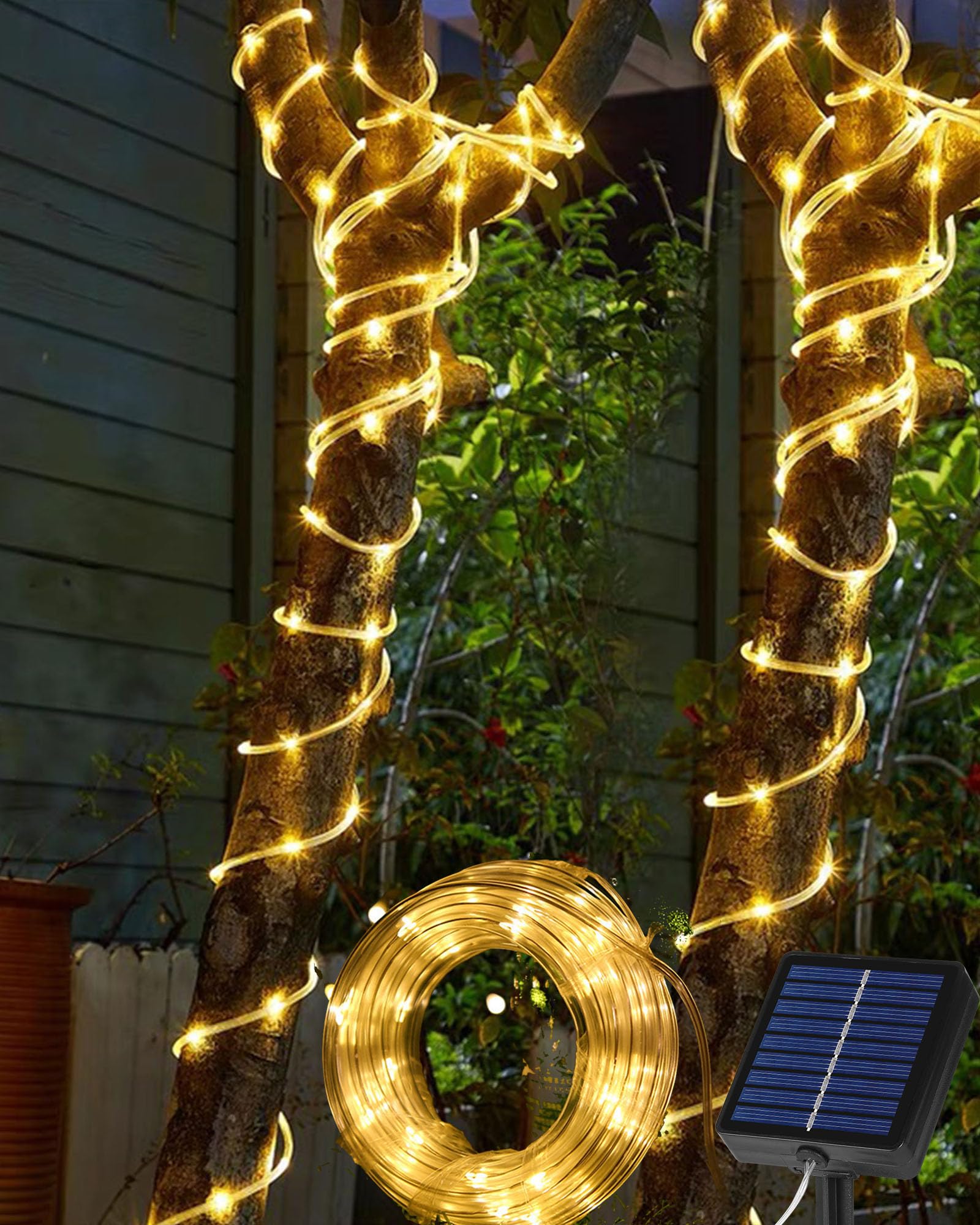 Tacobey Solar Rope Lights Outdoor - 32.8Ft 100 LED Solar Tube String Lights,Timer Function, 8 Modes Waterproof Solar Powered Fairy Lights for Garden Tree Party Patio Deco - Warm White