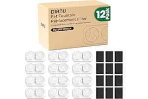 DIANU Official Cat Water Fountain Replacement Filters & Pre-Filter Sponges for 3.2L/108oz Stainless Steel Pet Fountain (12 Pack)
