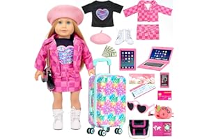 ARTST American 18 inch Doll Clothes Accessories Girl Suitcase Luggage Travel Set-Doll Clothing Hat Handbag Sunglasses Camera Computer Passport Cell Phone for Christmas Birthday(NO Doll)